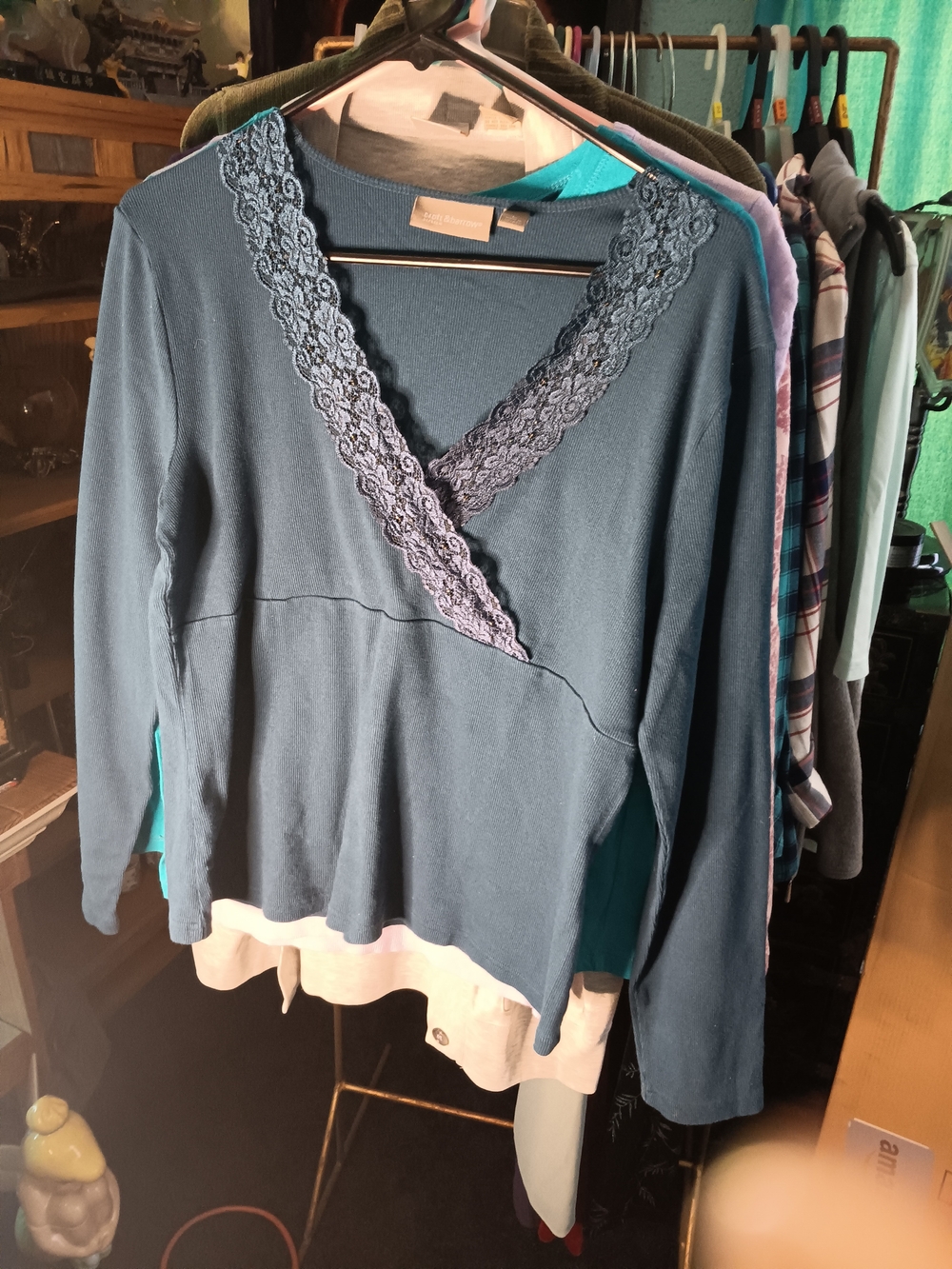 croft & barrow Teal Lace-Trim Faux Wrap Long Sleeve Top